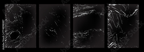 Set of polyethylene texture. Torn effect. Transparent stretched cling film. Overlay grunge texture. Collection of vector background. Crumpled warp plastic. Defect, scuff template. Wrinkled packaging