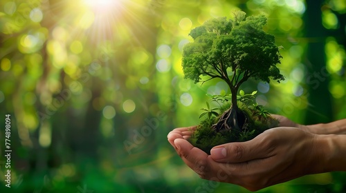 Generative AI : male hands holding tree growing on a green background and the nature of the business / Care concepts and environmental protection.