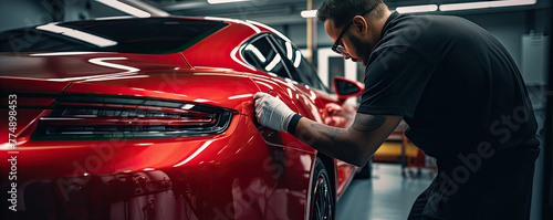 Car detailing close up.: man cleaning red sport car. photo