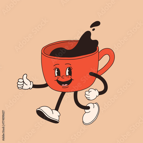 Retro cartoon coffee cup character. Mug mascot in different poses. 60s 70s 80s groovy contour vector illustration. Espresso black coffee cup.