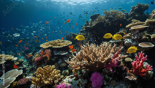 A vibrant coral reef teeming with life beneath the ocean's surface.