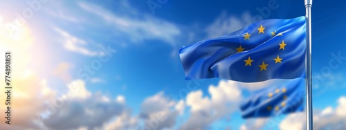 european union flag waving in the wind on flagpole against blue sky. banner with copy space. generative AI