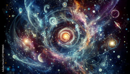 Astral Orchestration The grand orchestration of celestial bodies in motion. in financial growth and innovation abstract theme ,Full depth of field, clean bright tone, high quality ,include copy space,