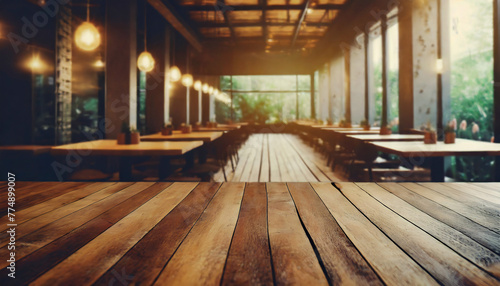 Wood background with a restaurant view , copyspace banner