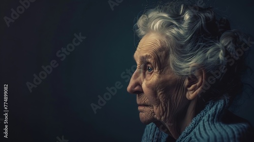 Generative AI : Portrait of elderly woman on dark background. Toned. photo