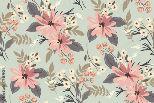 Seamless floral pattern, abstract ditsy print in a romantic vintage motif. Beautiful botanical design in delicate colors: hand drawn pink flowers, leaves, bouquets on a blue. Vector illustration.