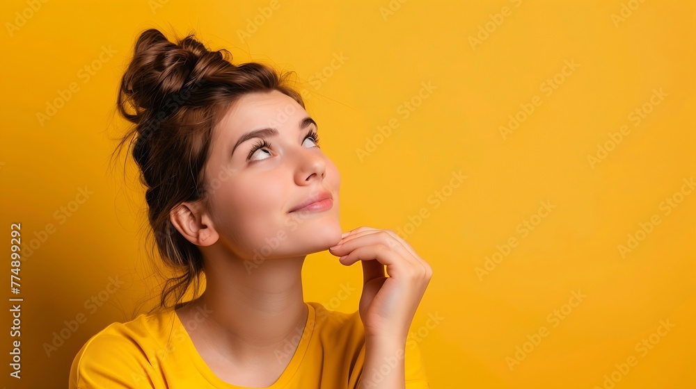 Generative AI : Photo of minded dreamy young happy woman look empty space news face think isolated on yellow color background Generative AI : Photo of minded dreamy young happy woman look empty space news face think isolated on yellow color background