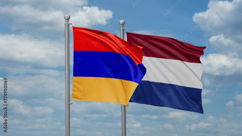 Netherlands and Armenia two flags waving together, looped video, two country relations concept Netherlands and Armenia two flags waving together, looped video, two country relations concept