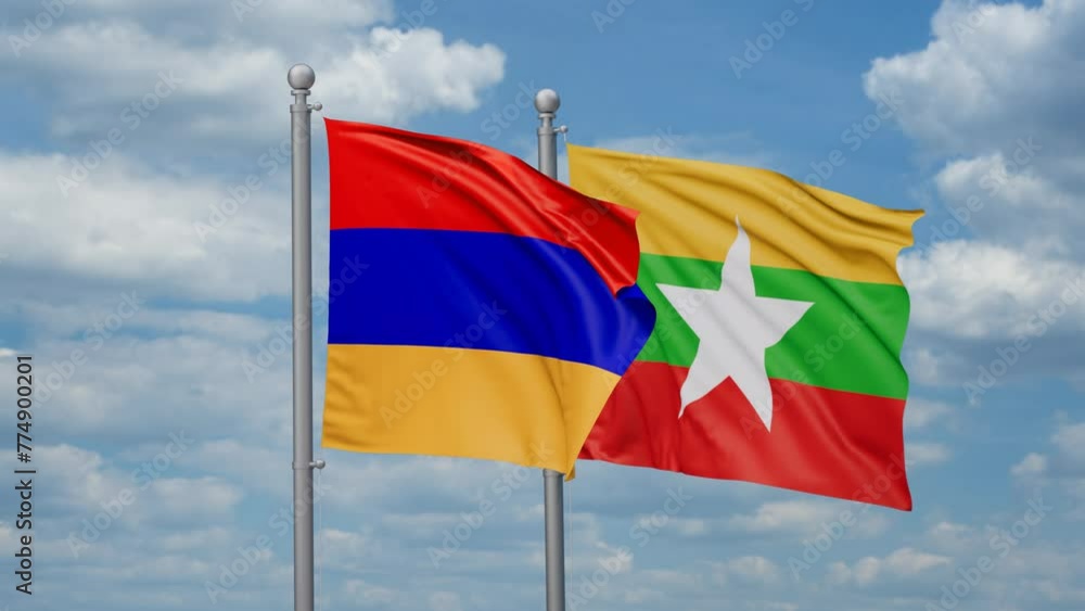 Myanmar aka Burma and Armenia two flags waving together, looped video, two country relations concept Myanmar aka Burma and Armenia two flags waving together, looped video, two country relations concept