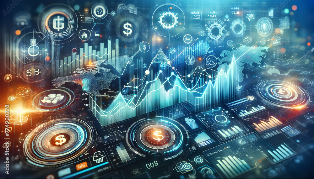 Financial Forecast A digital screen displaying a financial forecast with abstract elements and growth icons. in financial growth and innovation abstract theme ,Full depth of field, clean bright tone, 