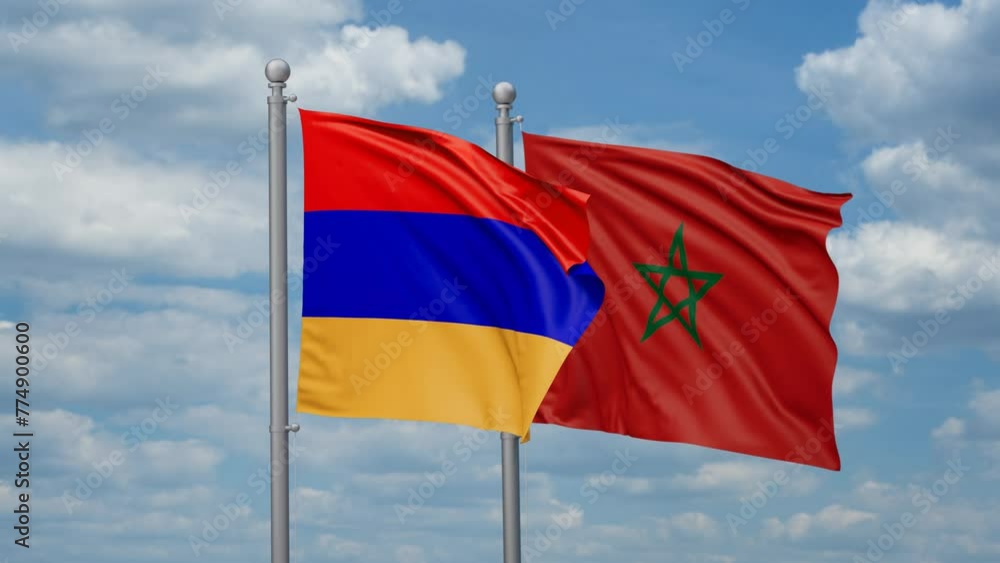 Morocco and Armenia two flags waving together, looped video, two country relations concept Morocco and Armenia two flags waving together, looped video, two country relations concept