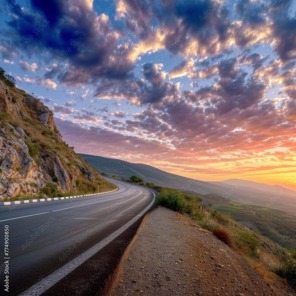 Mountain road at colorful sunset in summer. Beautiful curved roadway, rocks, stones, blue sky with clouds. Landscape with empty highway through the mountain pass in spring. Travel.