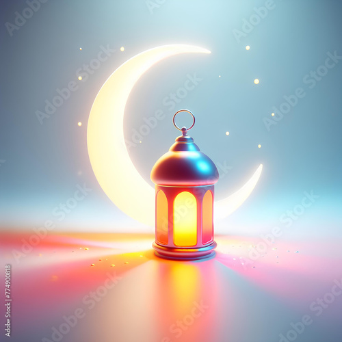 3d Ramadan lantern and crescent moon, islamic background for Ramadan mubarak, eid and Islamic Holiday celebration