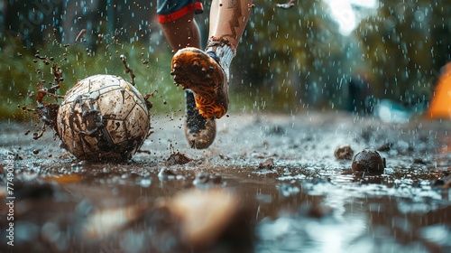 Close shot of a kid playing football in mud or rain after school with a big space for text, Generative AI.
