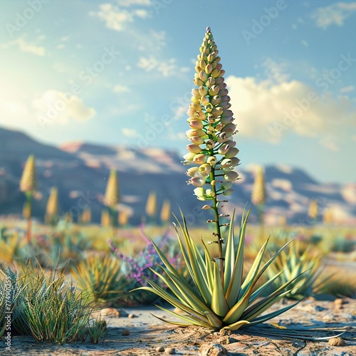 Yawning yucca and alert aloe in a desert morning, bright colors, clean background, Realistic HD characters, aloe standing firm photo