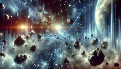 Interstellar Drift Comets and asteroids drifting through space. in financial growth and innovation abstract theme ,Full depth of field, clean bright tone, high quality ,include copy space, No noise, c