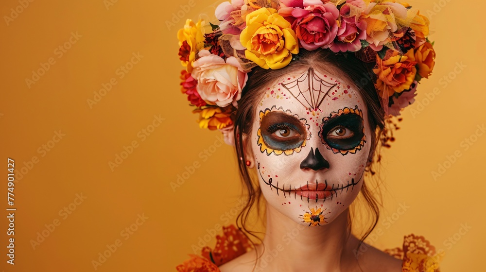 beautiful young woman with sugar skull makeup and flowers on orange background beautiful young woman with sugar skull makeup and flowers on orange background