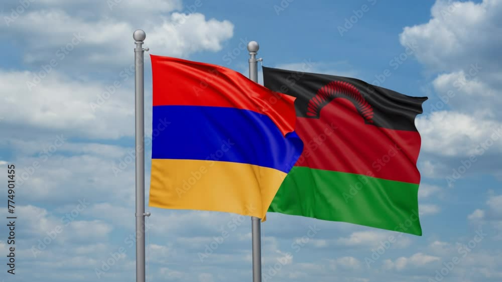 Malawi and Armenia two flags waving together, looped video, two country relations concept Malawi and Armenia two flags waving together, looped video, two country relations concept