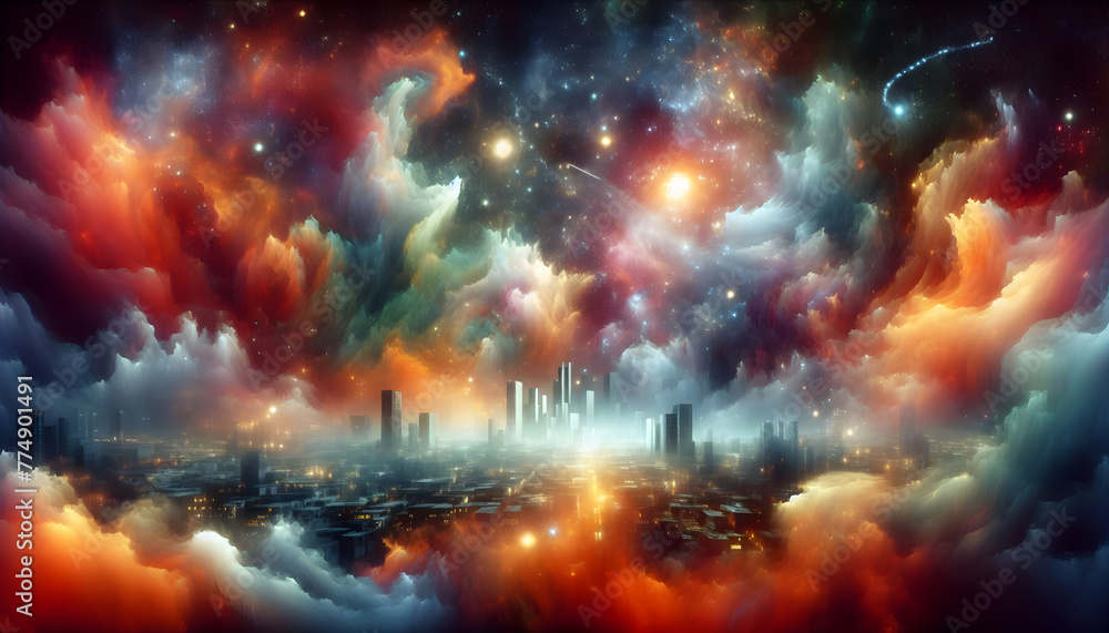 Nebulae Dreamscape A dreamscape filled with the colors and shapes of nebulae. in financial growth and innovation abstract theme ,Full depth of field, clean bright tone, high quality ,include copy spac