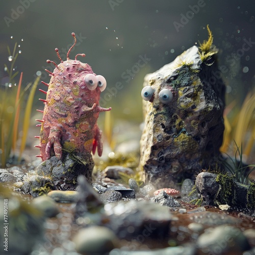 Bubbly barnacle chatting with stoic stone, bright colors, clean background, Realistic HD characters, stone unmoved photo