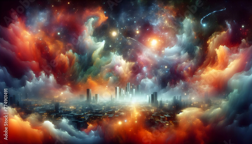 Nebulae Dreamscape A dreamscape filled with the colors and shapes of nebulae. in financial growth and innovation abstract theme ,Full depth of field, clean bright tone, high quality ,include copy spac