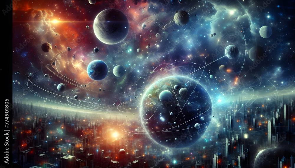 Orbital Dreams Planets and moons orbiting in an endless dance. in financial growth and innovation abstract theme ,Full depth of field, clean bright tone, high quality ,include copy space, No noise, cr