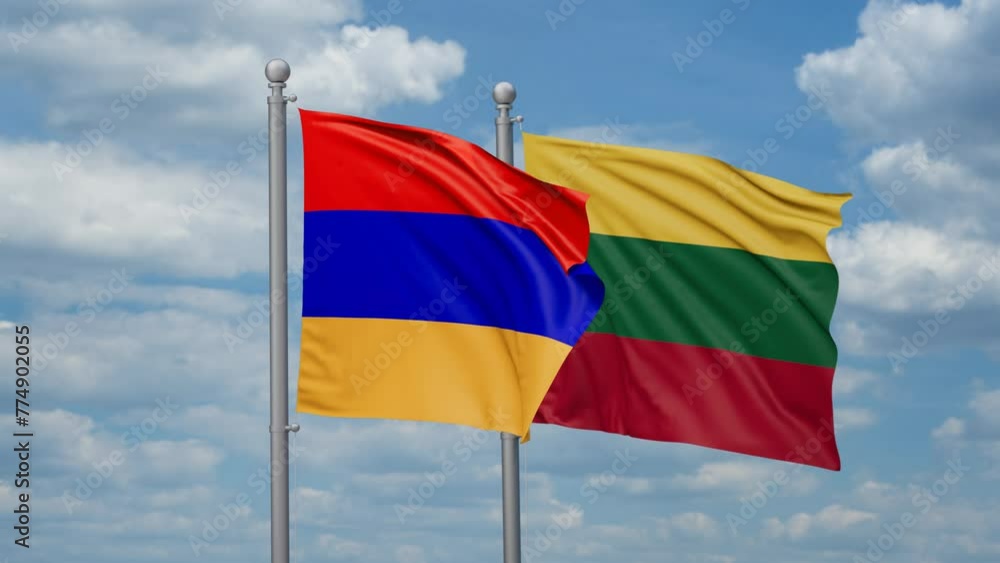 Lithuania and Armenia two flags waving together, looped video, two country relations concept Lithuania and Armenia two flags waving together, looped video, two country relations concept
