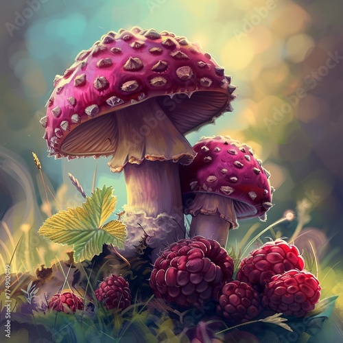 Radiant raspberry shining next to mellow mushroom, bright colors, clean background, Realistic HD characters, mushroom tranquil photo