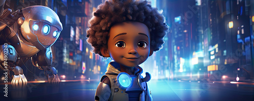 Little afro boy and robot. chatbot friend, photo