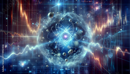 Quantum Leap Subatomic particles and quantum phenomena visualized. in financial growth and innovation abstract theme ,Full depth of field, clean bright tone, high quality ,include copy space, No noise
