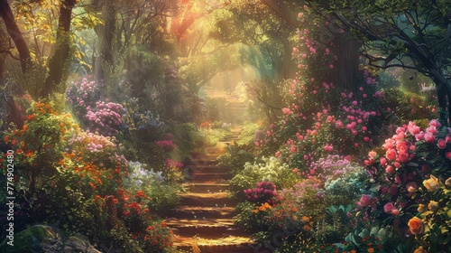 Enchanted pathway winds to a hidden garden flanked by a riot of blooms and whimsical trees photo