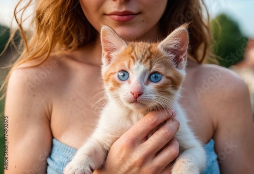 Realistic and Highly Detailed Photo of a Woman Holding a Kitten Captured on Phone Camera photo
