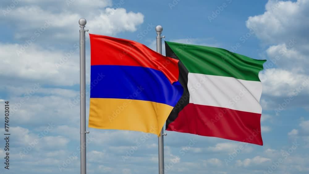 Kuwait and Armenia two flags waving together, looped video, two country cooperation concept Kuwait and Armenia two flags waving together, looped video, two country cooperation concept
