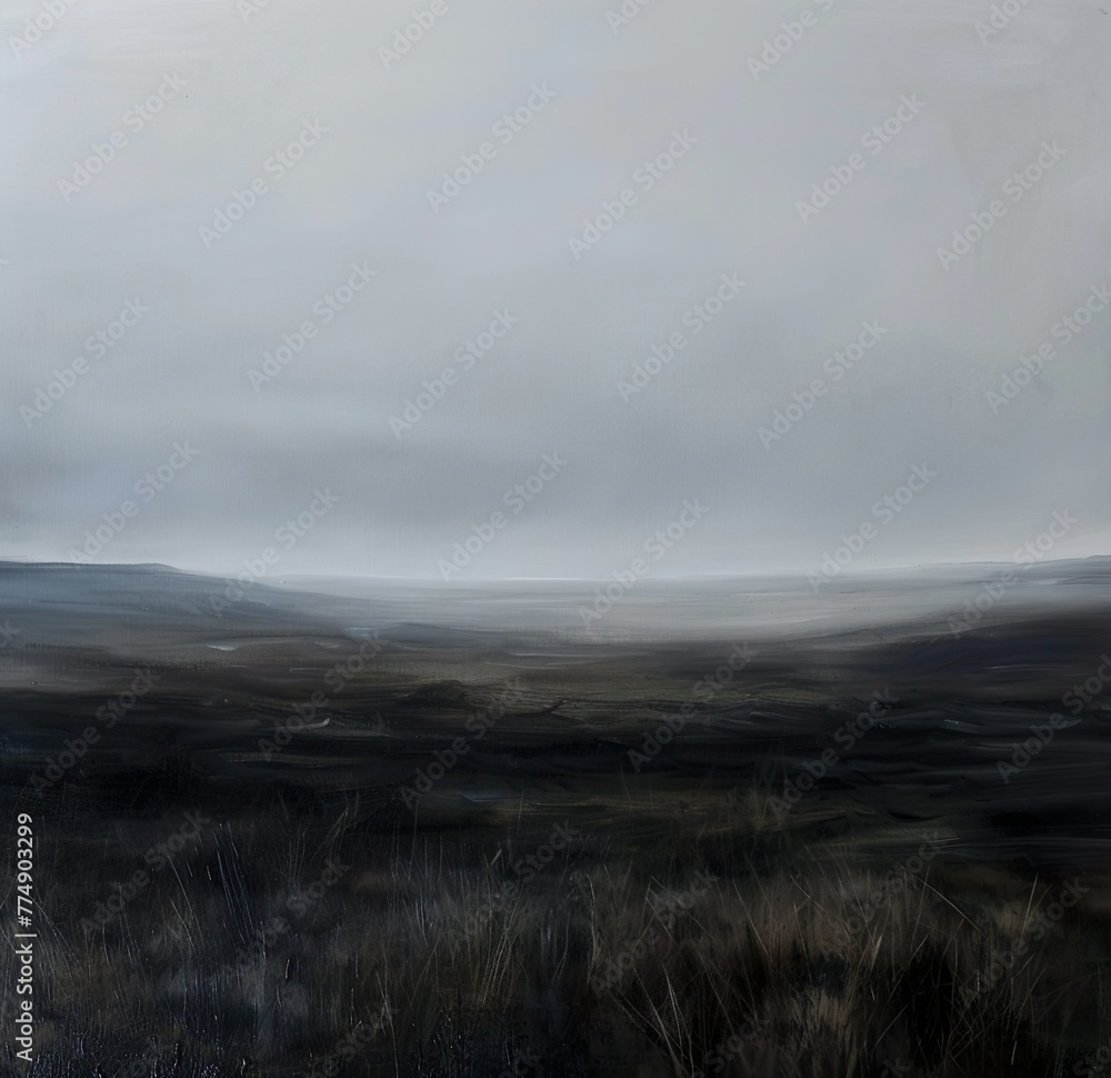 Gemälde einer skandinavischen Landschaft, Berg und Tal, Himmel mit Wolken, düster und melancholisch, Kulisse für Krimi und Thriller