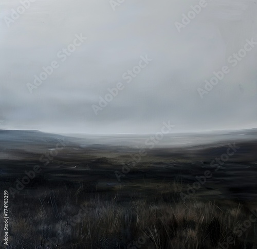 Gemälde einer skandinavischen Landschaft, Berg und Tal, Himmel mit Wolken, düster und melancholisch, Kulisse für Krimi und Thriller