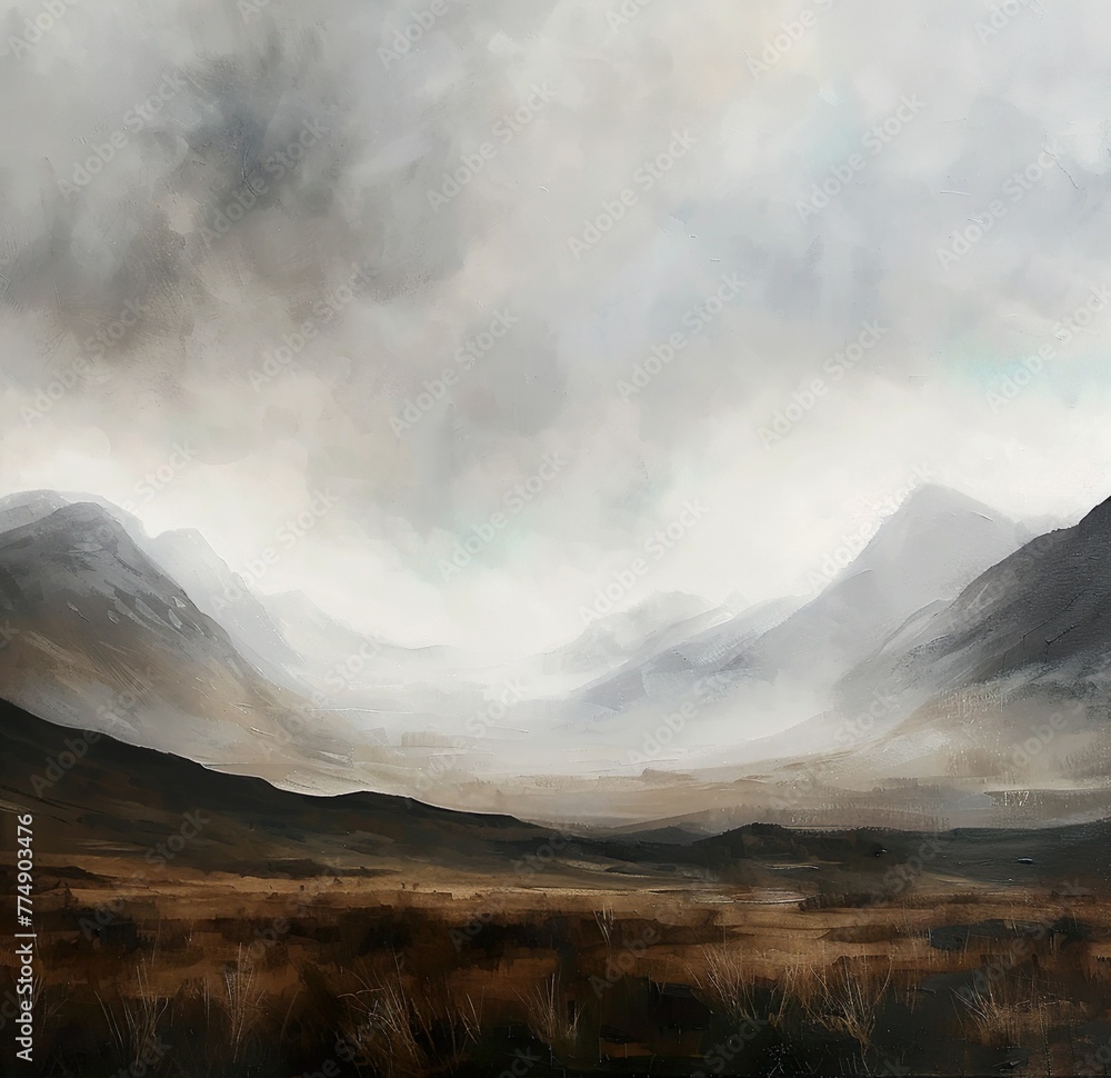 Gemälde einer skandinavischen Landschaft, Berg, Tal und See, Himmel mit Wolken, düster und melancholisch - obrazy, fototapety, plakaty 