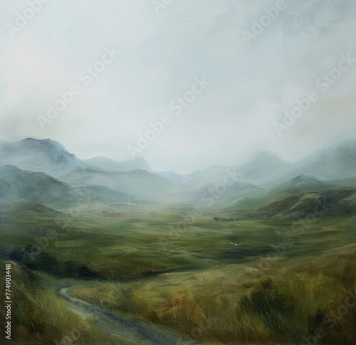 Gemälde einer skandinavischen Landschaft, Berg, Tal und Weg, Himmel mit Wolken, düster und melancholisch
