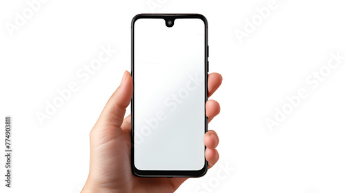 person hand holding modern mobile phone with blank screen with copyspace isolated at white background. Cellphone mockup,Touch screen mobile phone, in hand with clipping path photo