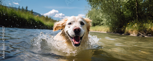 Happy dog swimm in river. Dog play in water. banner © Alena