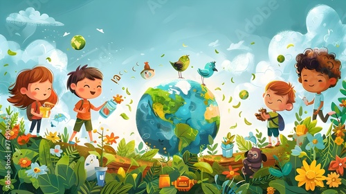Delightful Cartoon of Children Engaged in Ecologically-Friendly Activities to Protect the Earth