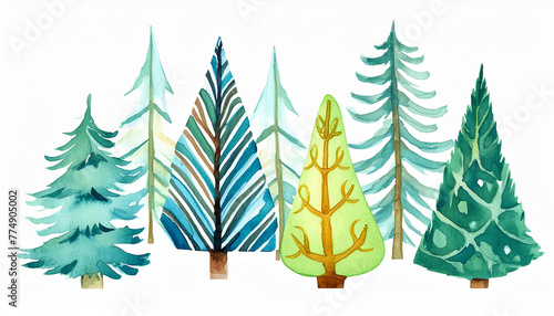 Watercolor forest trees hand draw. Hand made style