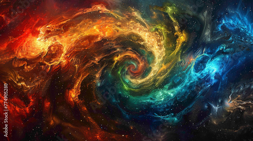 Swirling galaxies of color merging and colliding in a cosmic ballet of creation.