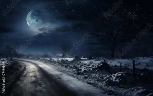 Winter landscape with snowy road in the forest and falling snowflakes