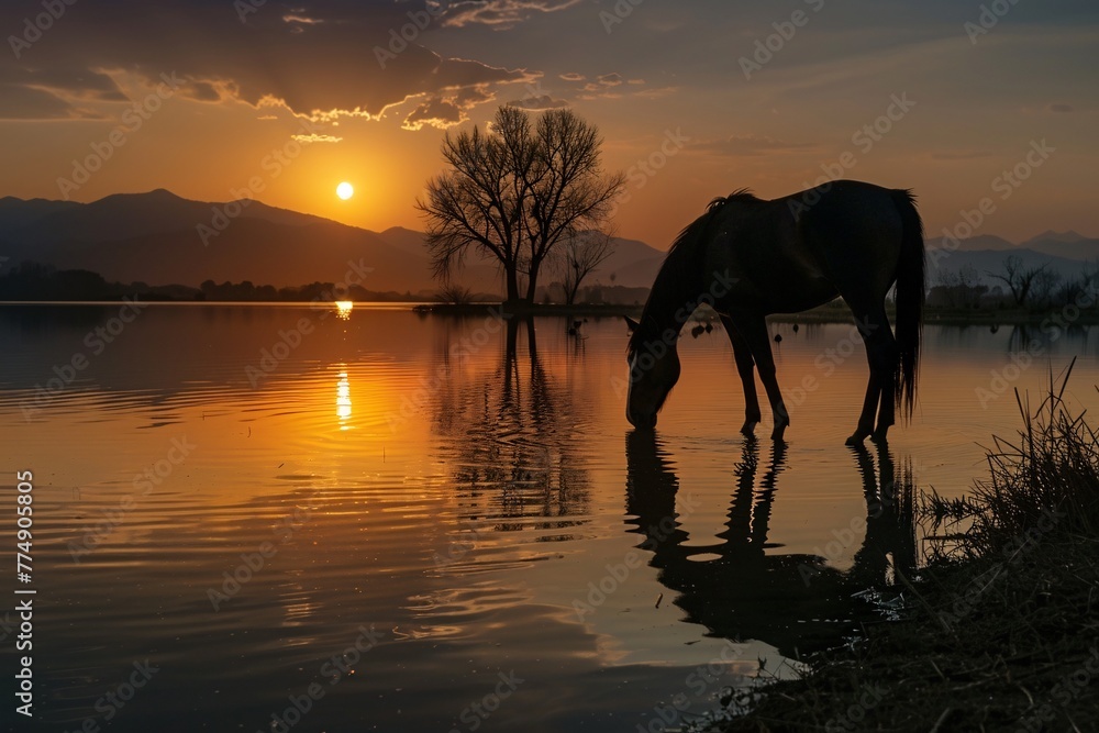 a horse drinking water at sunset
