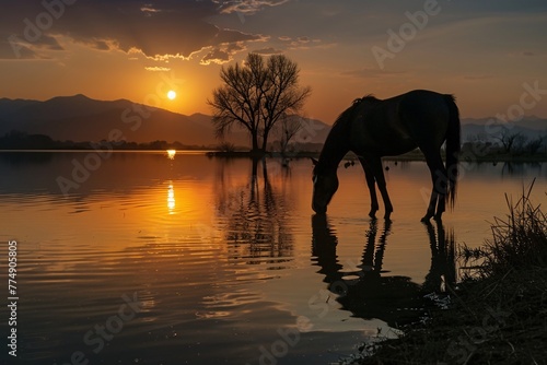 a horse drinking water at sunset