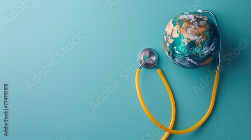Fototapeta Naklejka Na Ścianę i Meble -  close up glass globe and stethoscope on table, world health day, medical and healthcare, telemedicine and climate change, global pandemic crisis