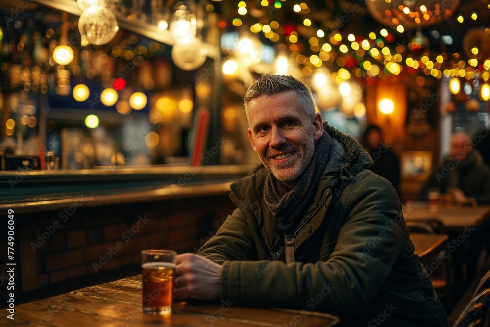 Handsome man drinking beer in a pub on a cold winter day