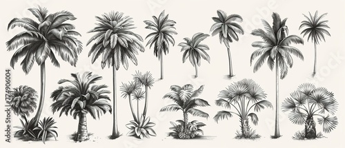 Collection of hand drawn palm trees with several sizes and shapes trees in backdrop with space  Generative AI.