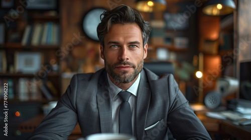 European man sits at his office desk with a cup of coffee in hand