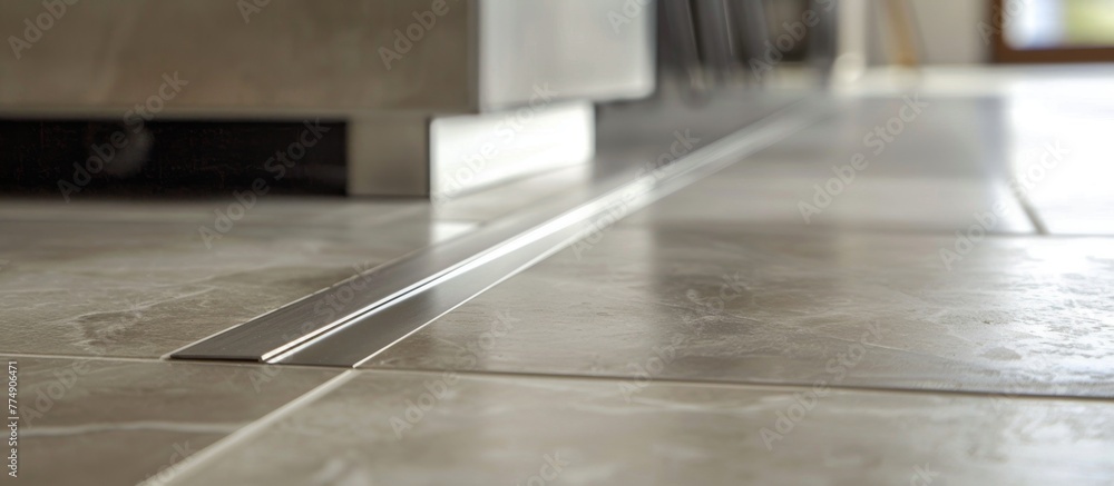 Close-up of kitchen floor with metal strip